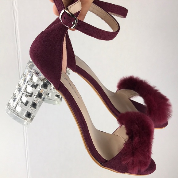 Burgundy Clear Chunky Heels Strapped - Picture 4 of 6